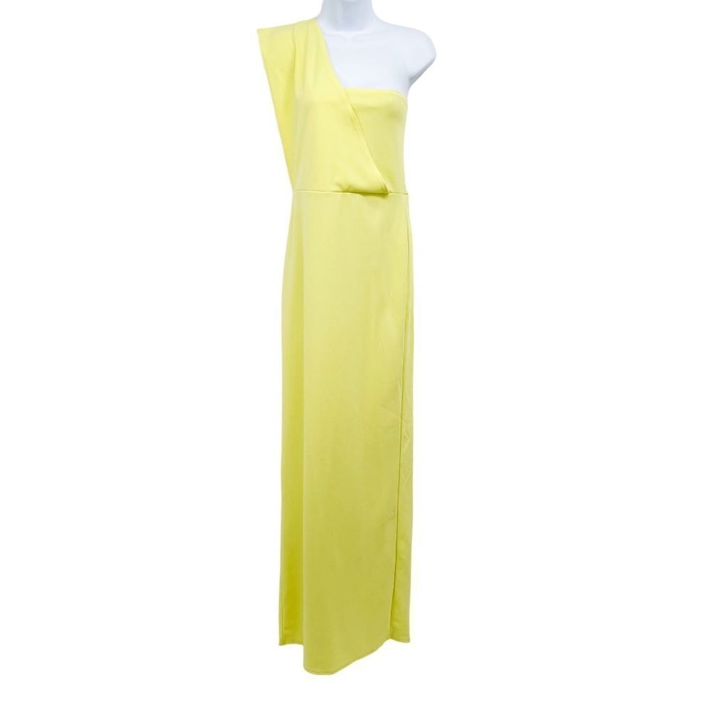 PrettyLittleThing Light Lime One Shoulder Maxi Gown Dress Back Slit Crepe - Picture 3 of 10